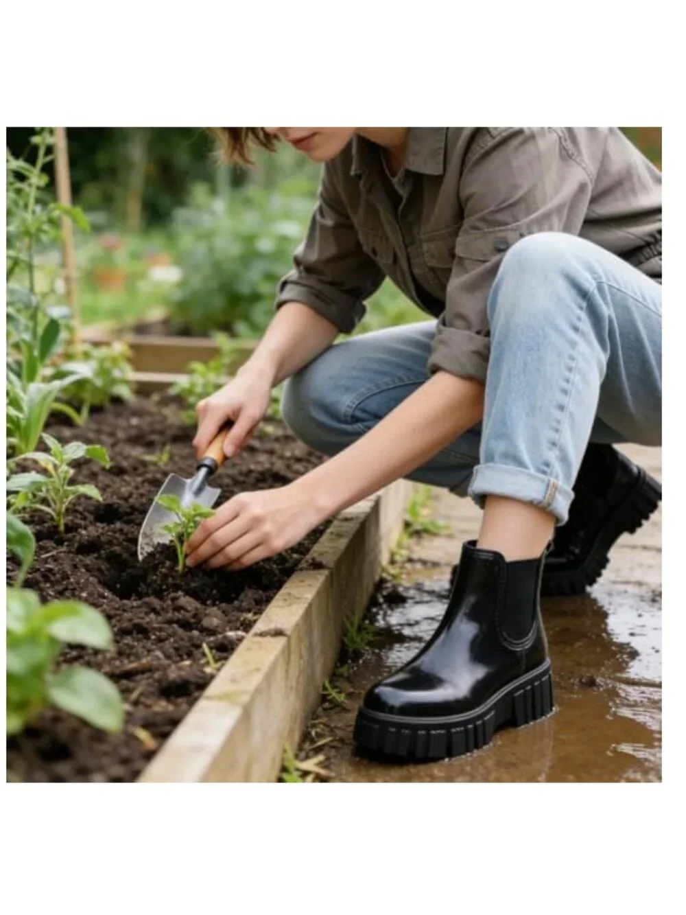 Waterproof Rubber Chelsea Rain Boots, Glossy Chunky Platform Ankle Booties,